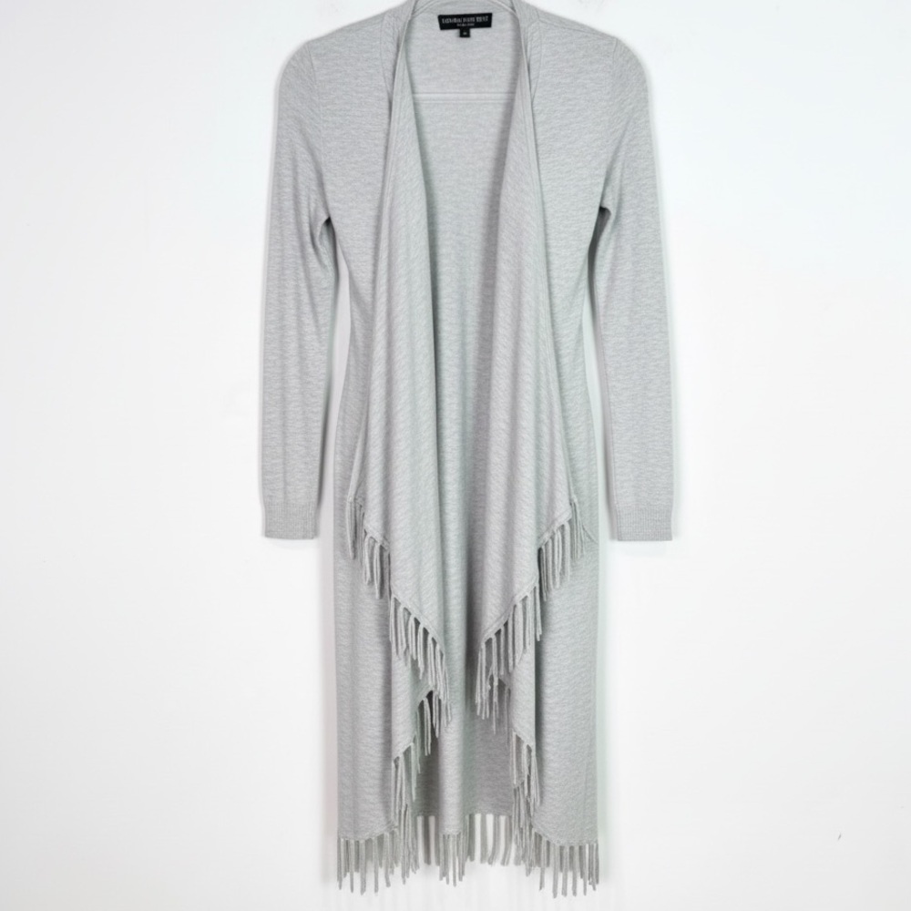CENTRAL PARK WEST NY GRAY FRINGE OPEN FRONT LONG CARDIGAN SWEATER WOMENS SZ XS